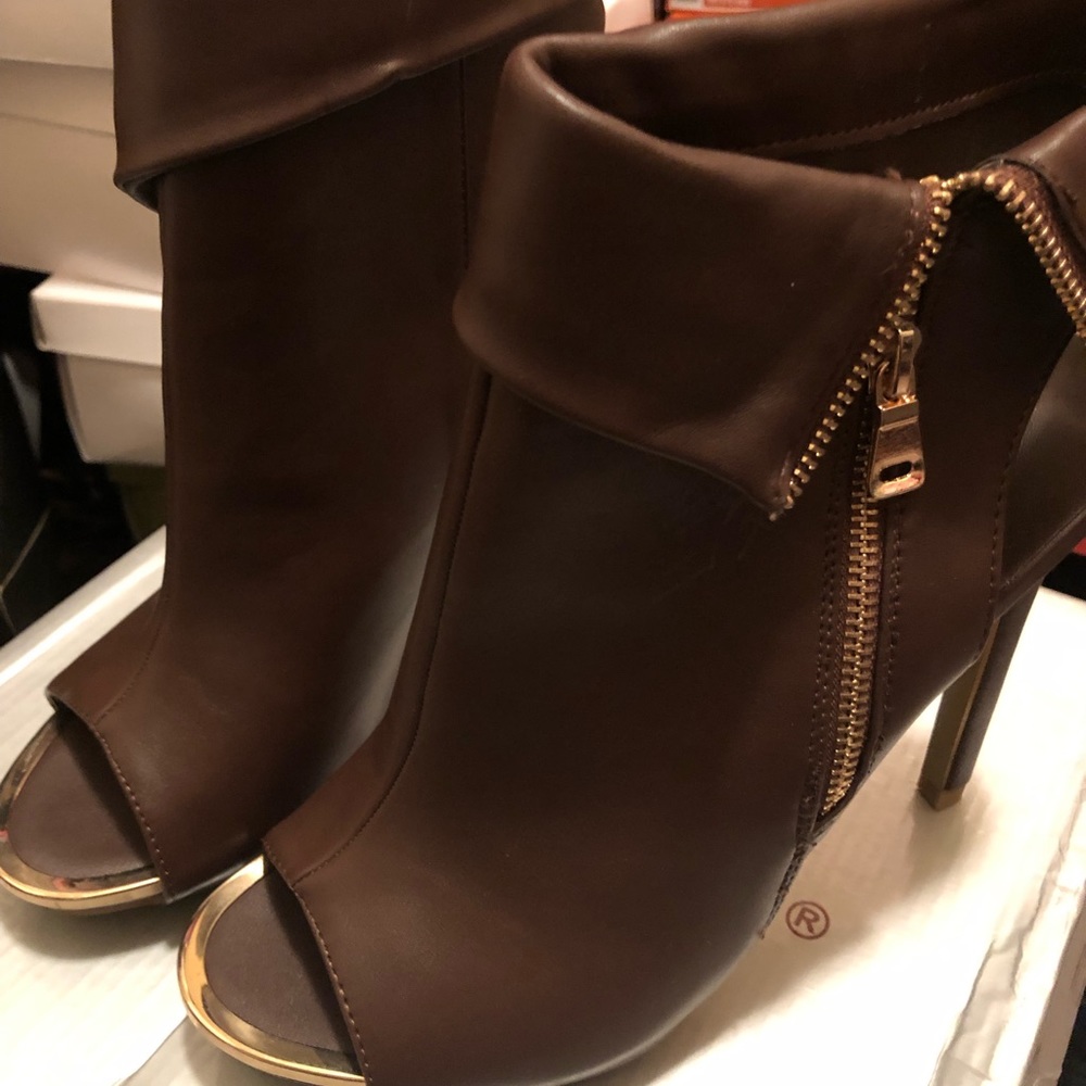 Black and brown open toe booties